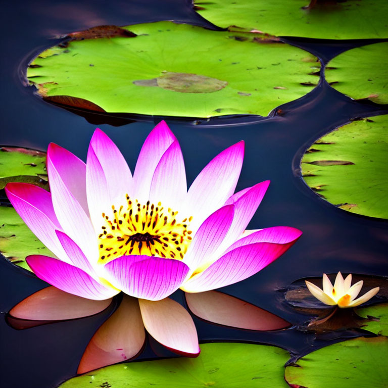 Pink and White Water Lily Blooming in Dark Waters