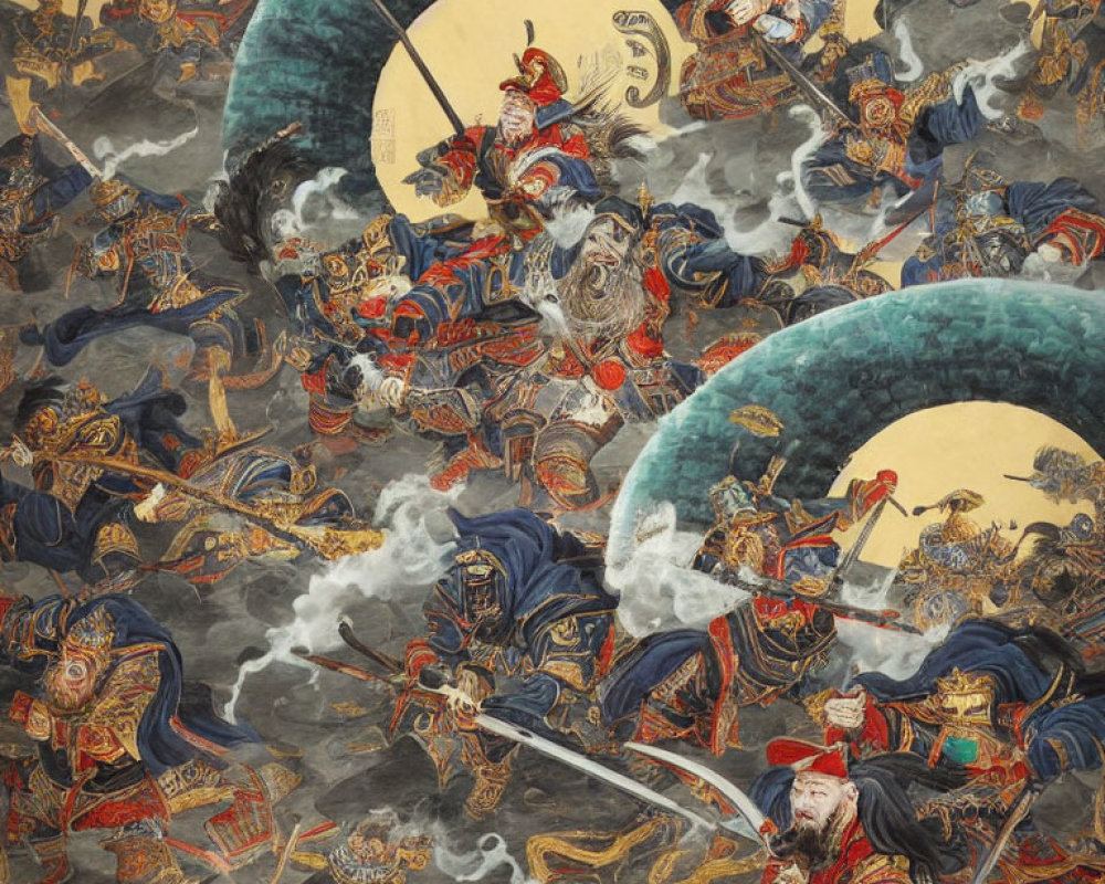 Detailed artwork of chaotic ancient battle scene with warriors clashing swords under crescent moon banners