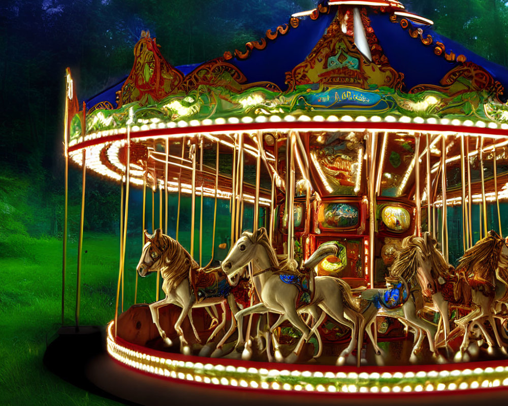 Vibrant carousel with galloping horse figures in night forest setting