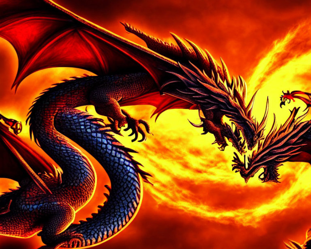 Vibrant red and orange backdrop with blue dragon in flight