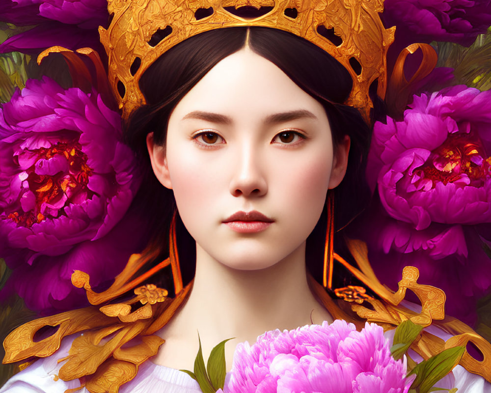 Digital artwork: Woman with gold crown, pink peonies, white attire, regal vibe