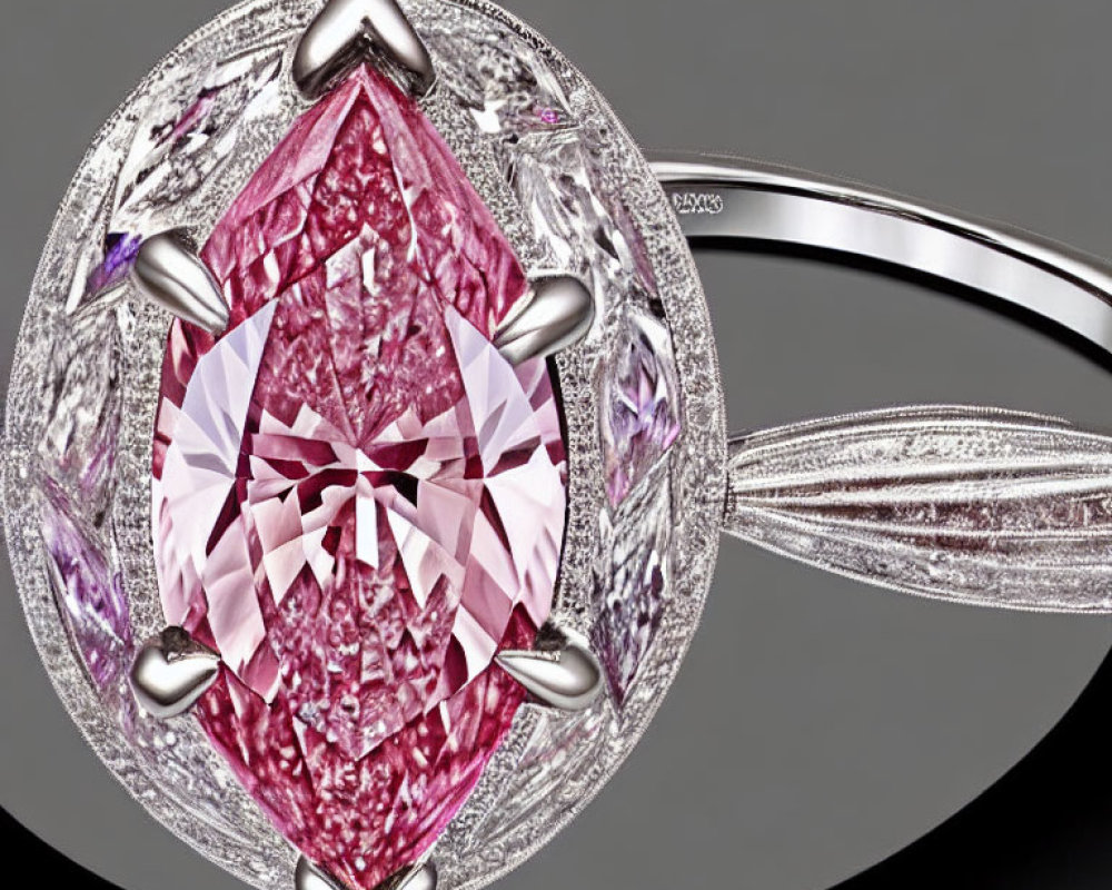 Pink diamond centerpiece ring with intricate metalwork and gemstones on grey background