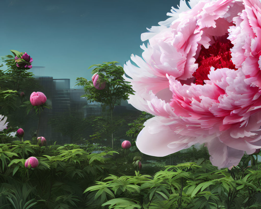 Greenery scene with oversized pink peony and misty modern buildings