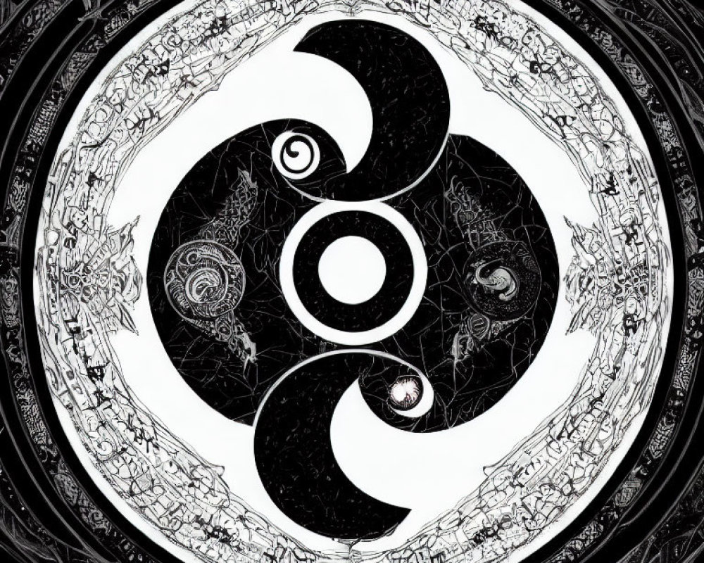 Monochrome mandala with triskelion and geometric patterns