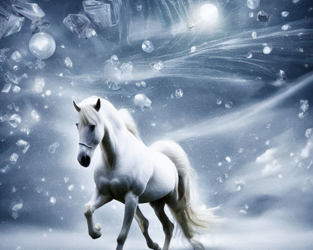 White horse galloping under a fantastical sky with sparkling crystals