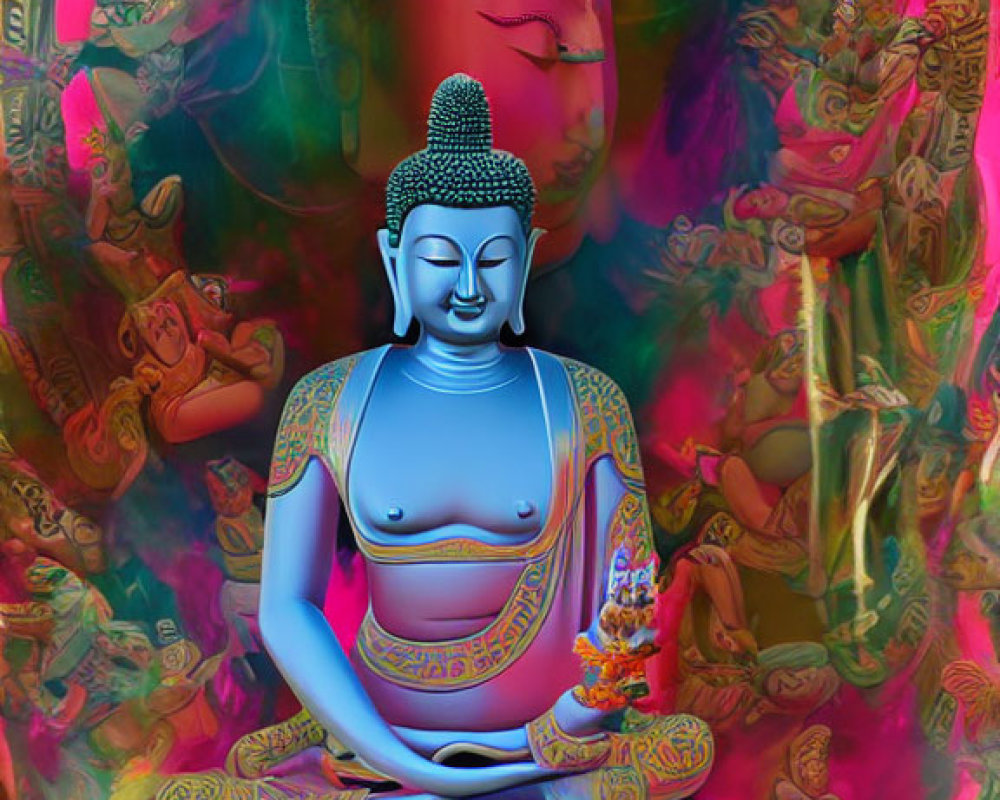 Detailed Blue Buddha Meditation Artwork with Ethereal Figures