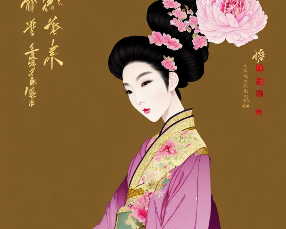 Asian-style painting of elegant woman in purple robe with peony flower & calligraphy