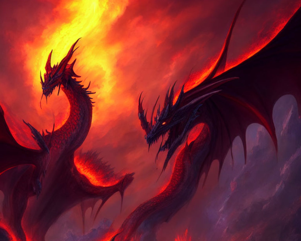 Fiery red skies with two soaring dragons and blazing sun