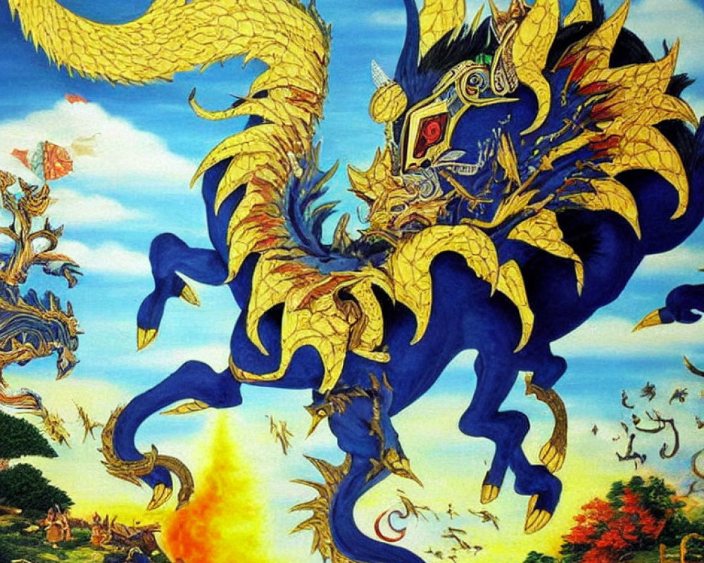 Mythical dragon with golden scales breathing fire against blue sky