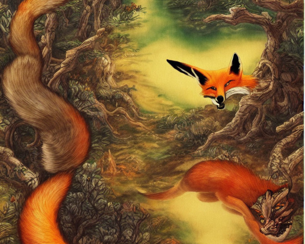 Surreal fox art: body morphs into tree branches in lush forest