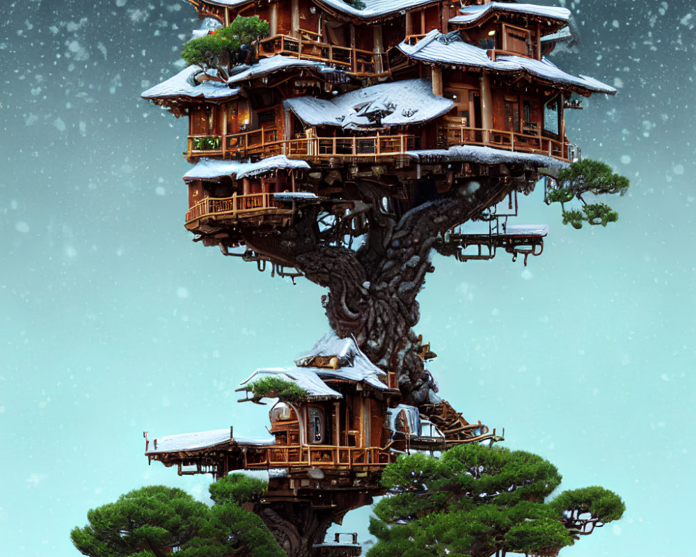 Snow-covered multi-tiered treehouse in a wintry setting