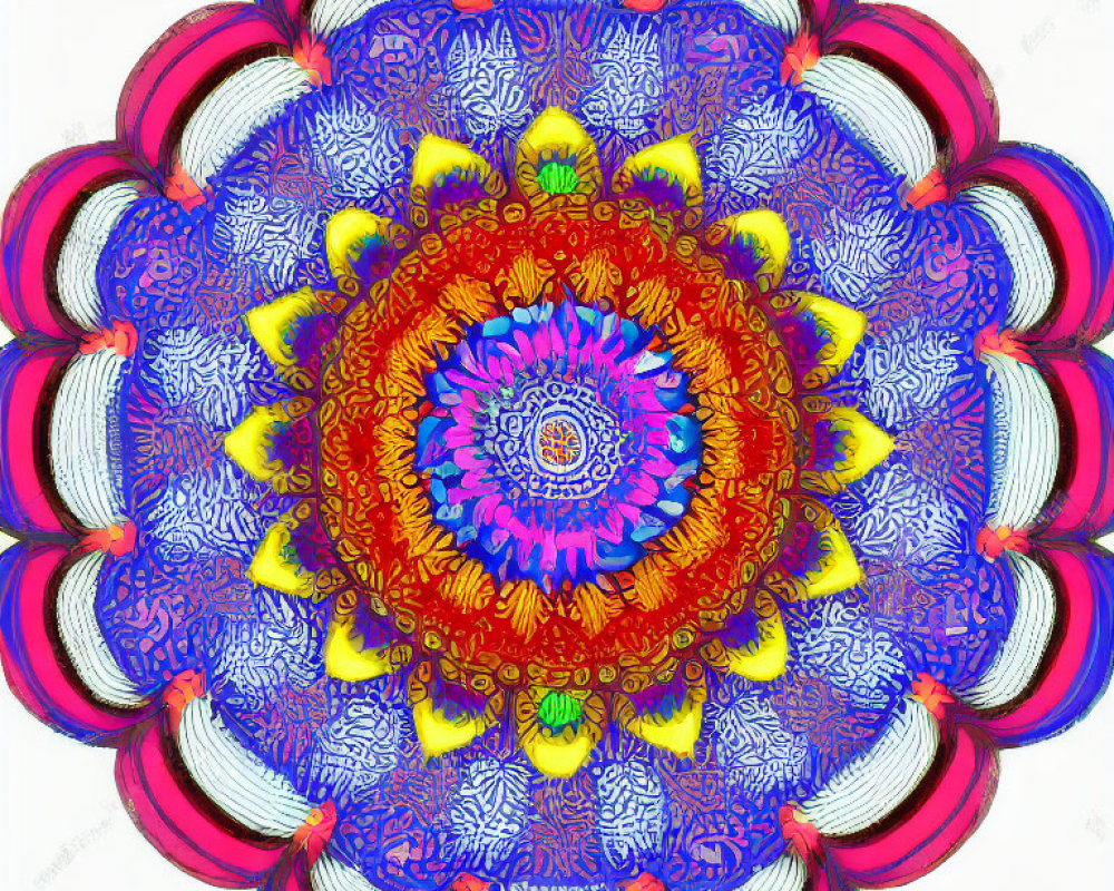 Colorful Symmetrical Mandala Pattern with Star Center in Blue, Red, and Yellow