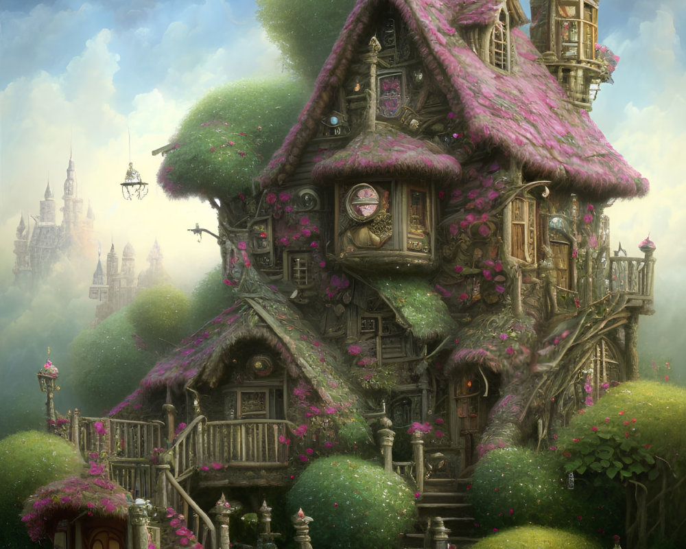 Enchanted cottage with greenery and pink blossoms in fairy-tale setting