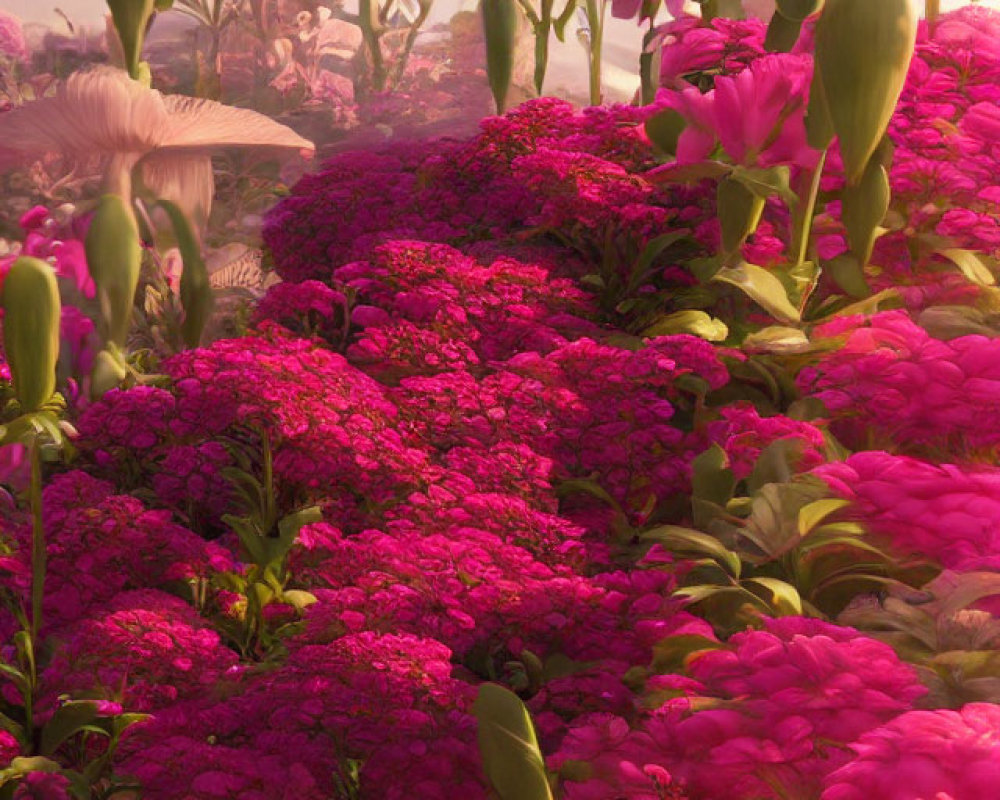 Vibrant pink and purple flowers in lush, surreal landscape