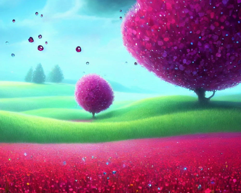 Colorful fantasy landscape with green hills, red flowers, pink trees, and sparkling droplets.