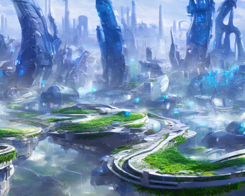 Futuristic cityscape with blue skyscrapers and green terraces in clouds