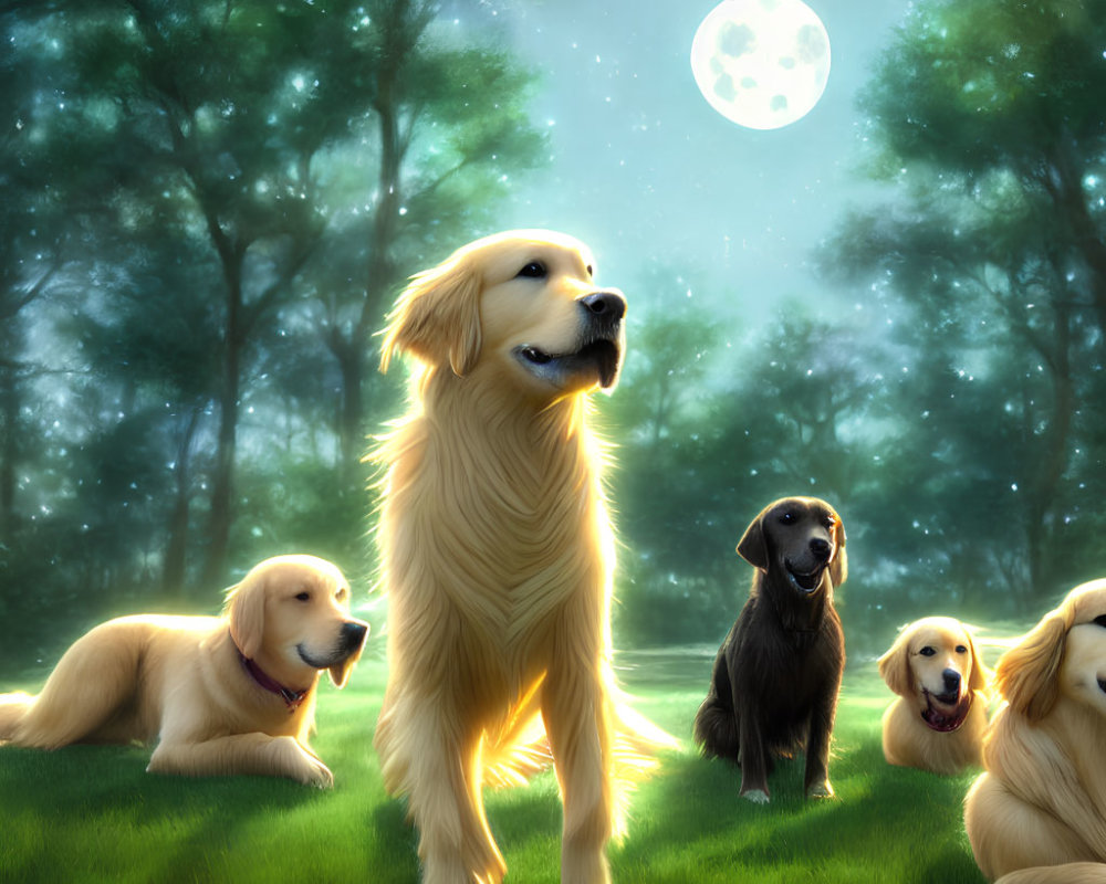 Four Dogs in Moonlit Forest Clearing with Golden Retriever Looking Up