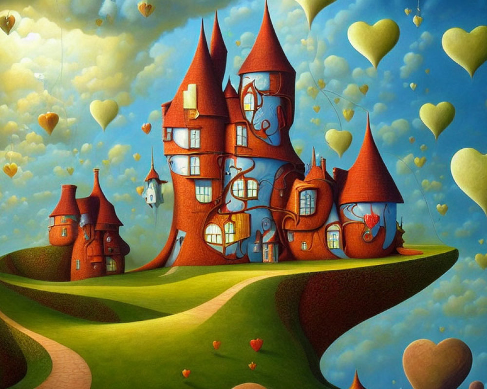 Whimsical painting of heart-shaped balloons and fantasy houses against blue sky