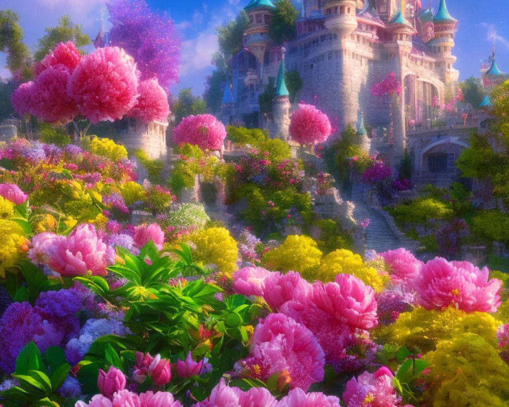 Fairytale castle in colorful gardens under sunny sky