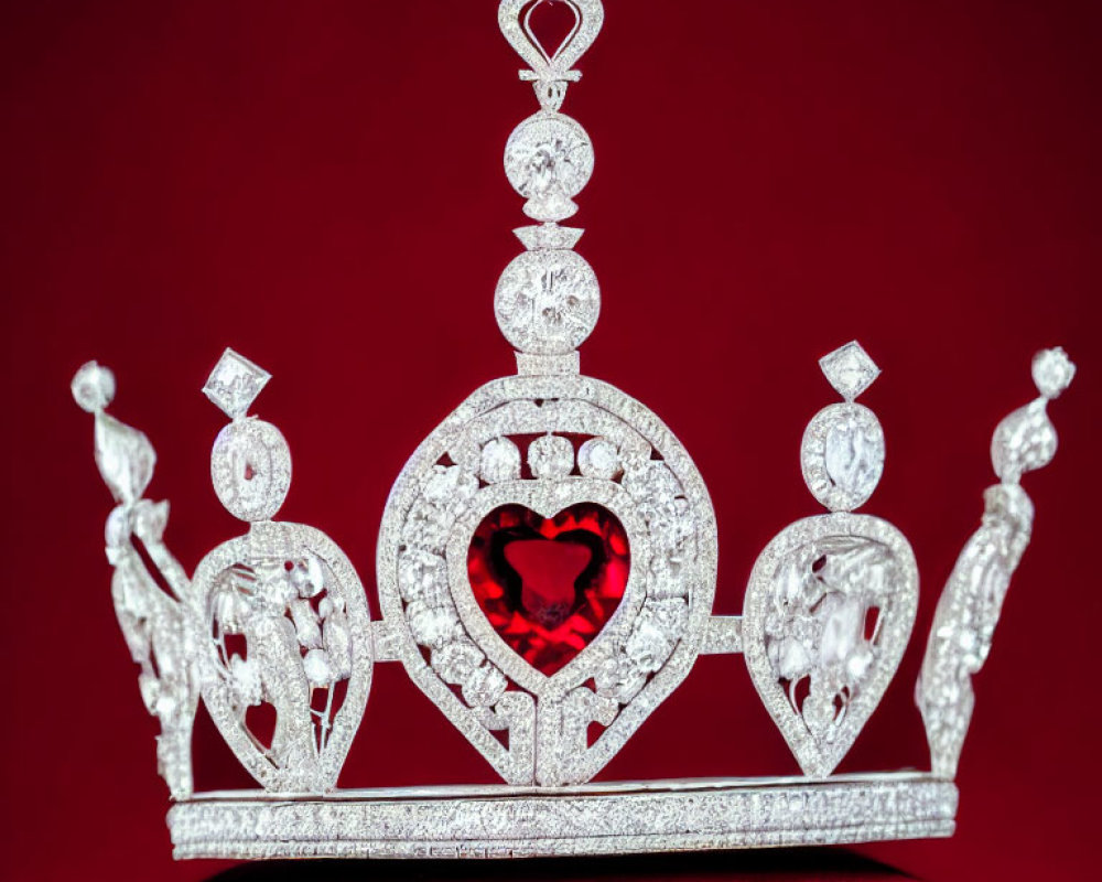 Silver Crown with Heart-Shaped Gem on Red Background