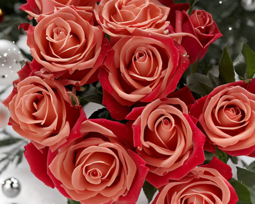 Pink Roses Bouquet with Dew Drops and Holiday Decorations