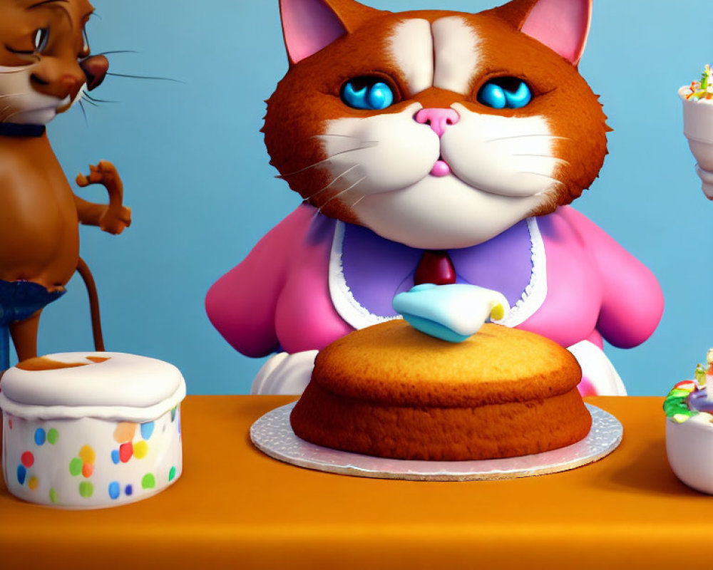 Vibrant 3D Illustration of Cats with Sponge Cake and Cups