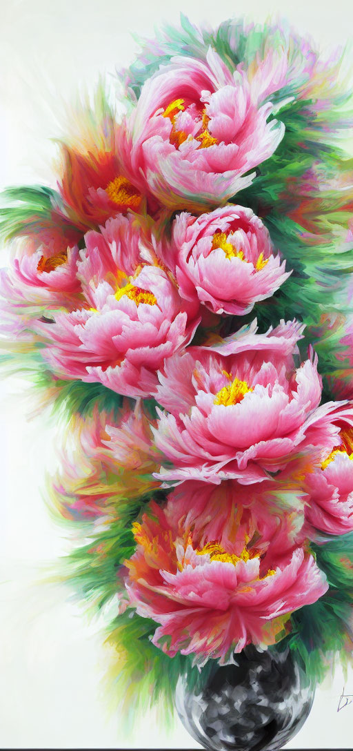 Pink peonies in dark vase on pale background