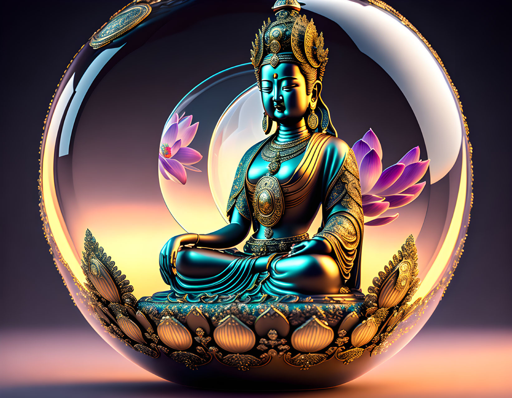 Ornate meditating figure in transparent sphere with lotus flowers