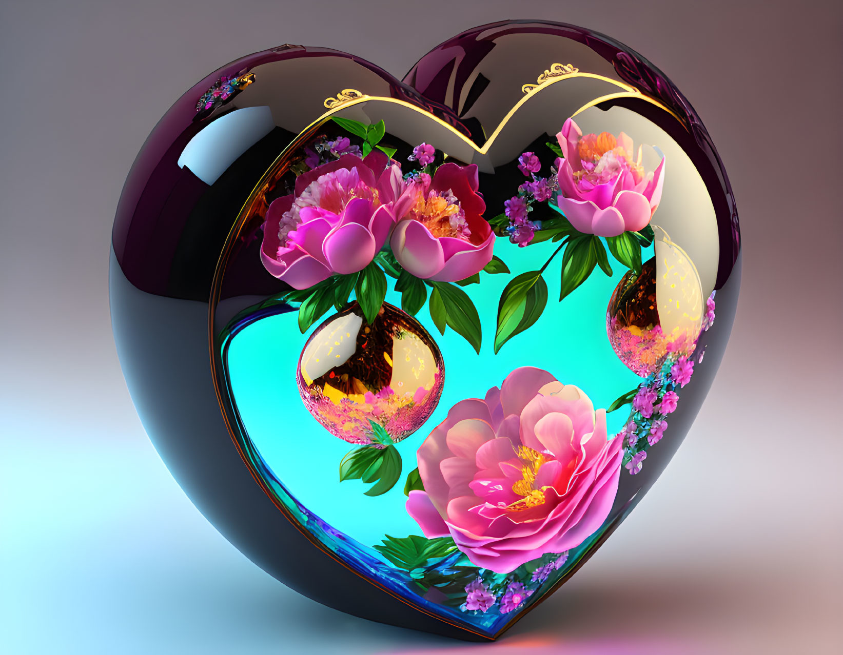 Reflective Heart-Shaped Object with Pink Flowers and Gold Accents