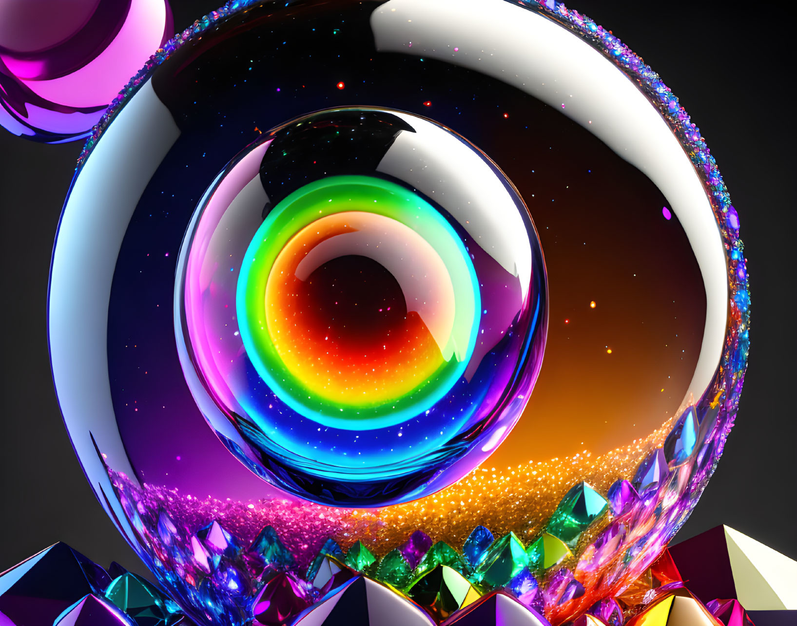 Colorful Cosmic Eye Artwork with Rainbow Rings and Crystal Structures