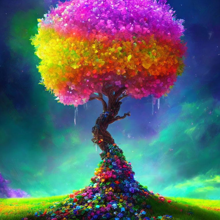 Colorful Flowering Tree Against Aurora Sky and Ice Accents