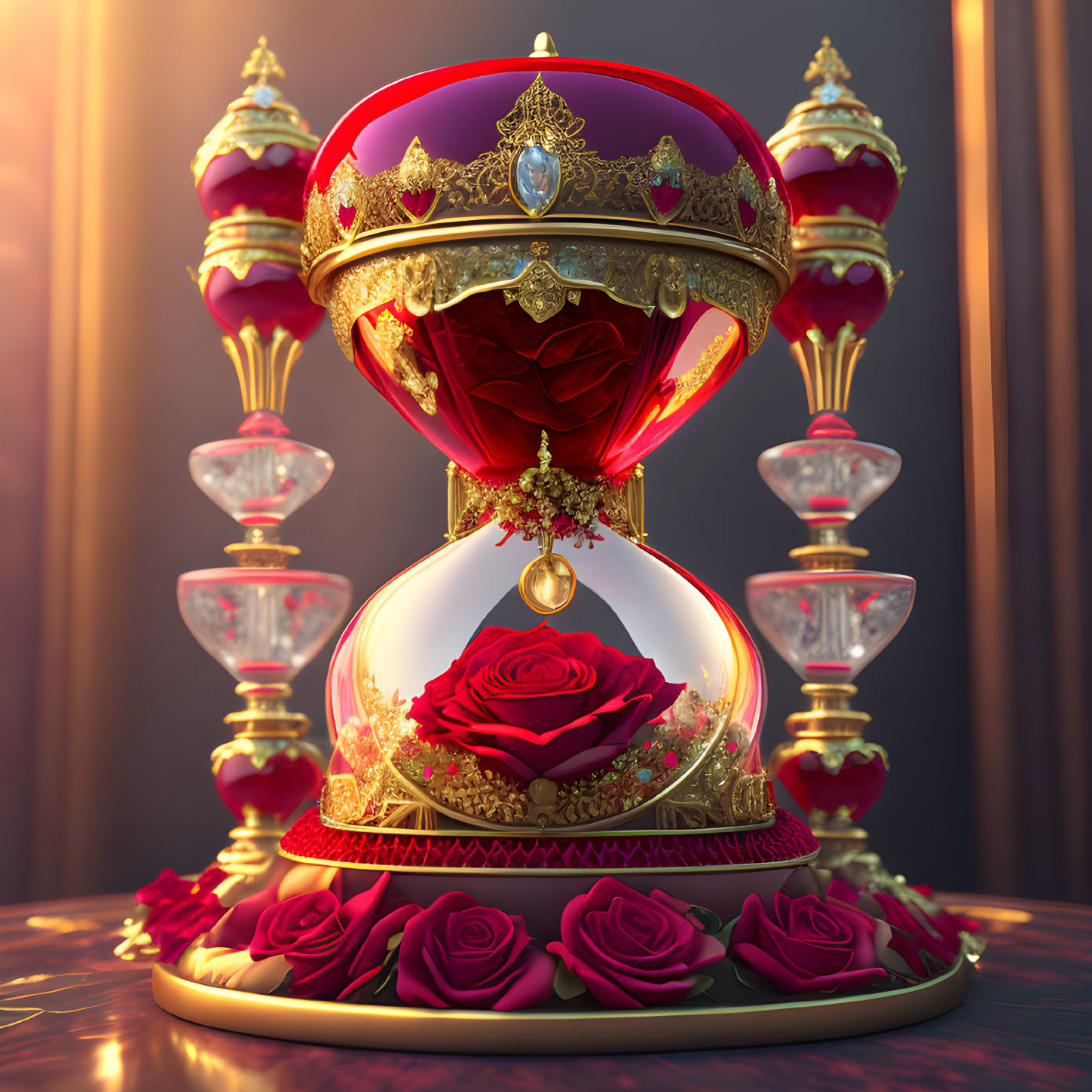 Ornate hourglass with red jewel upper part and rose in lower dome surrounded by smaller hourg