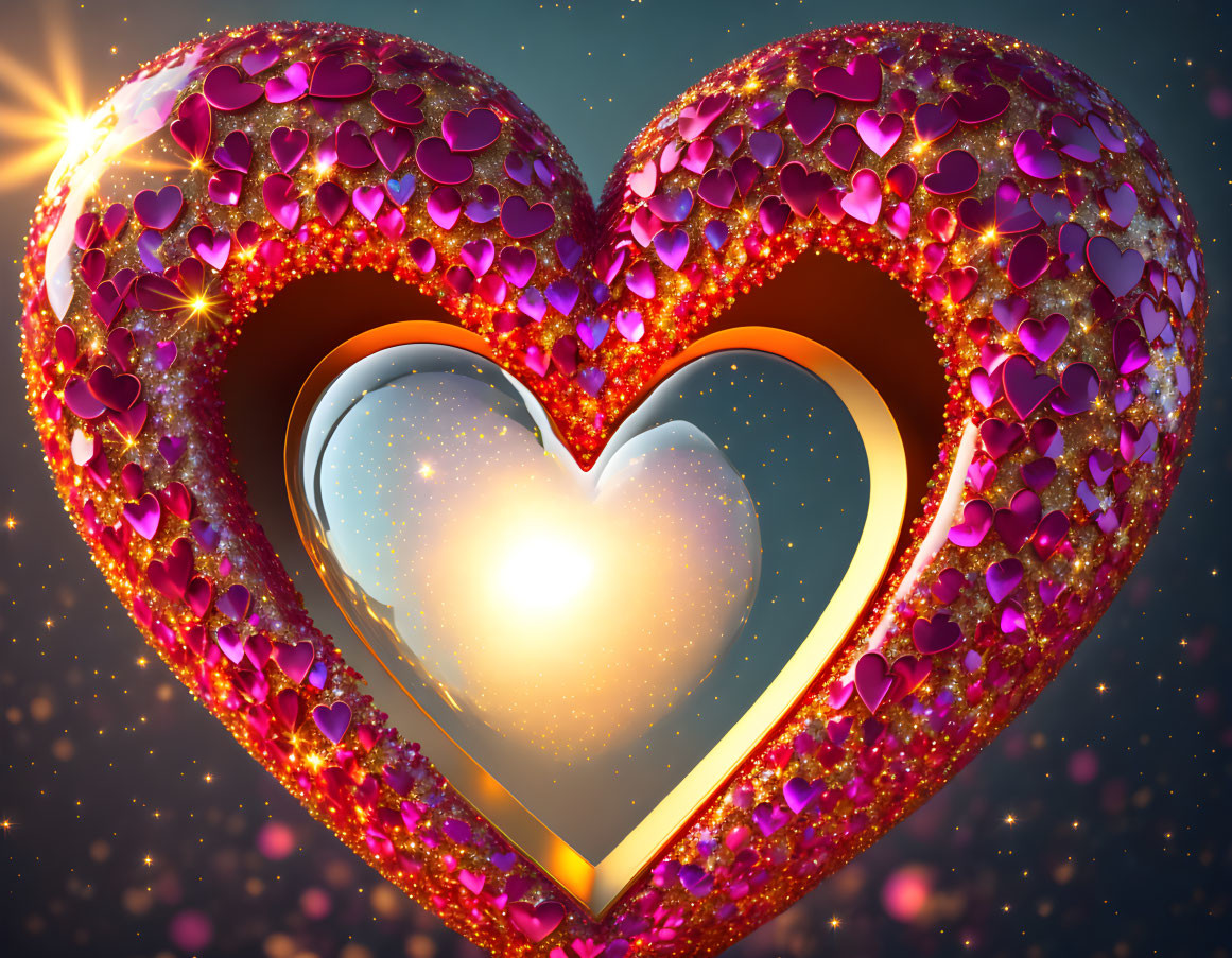 Glittering Heart Design with Radiant Hearts on Bokeh Background