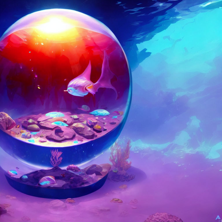 Colorful fish in spherical underwater habitat with sunset against underwater scene