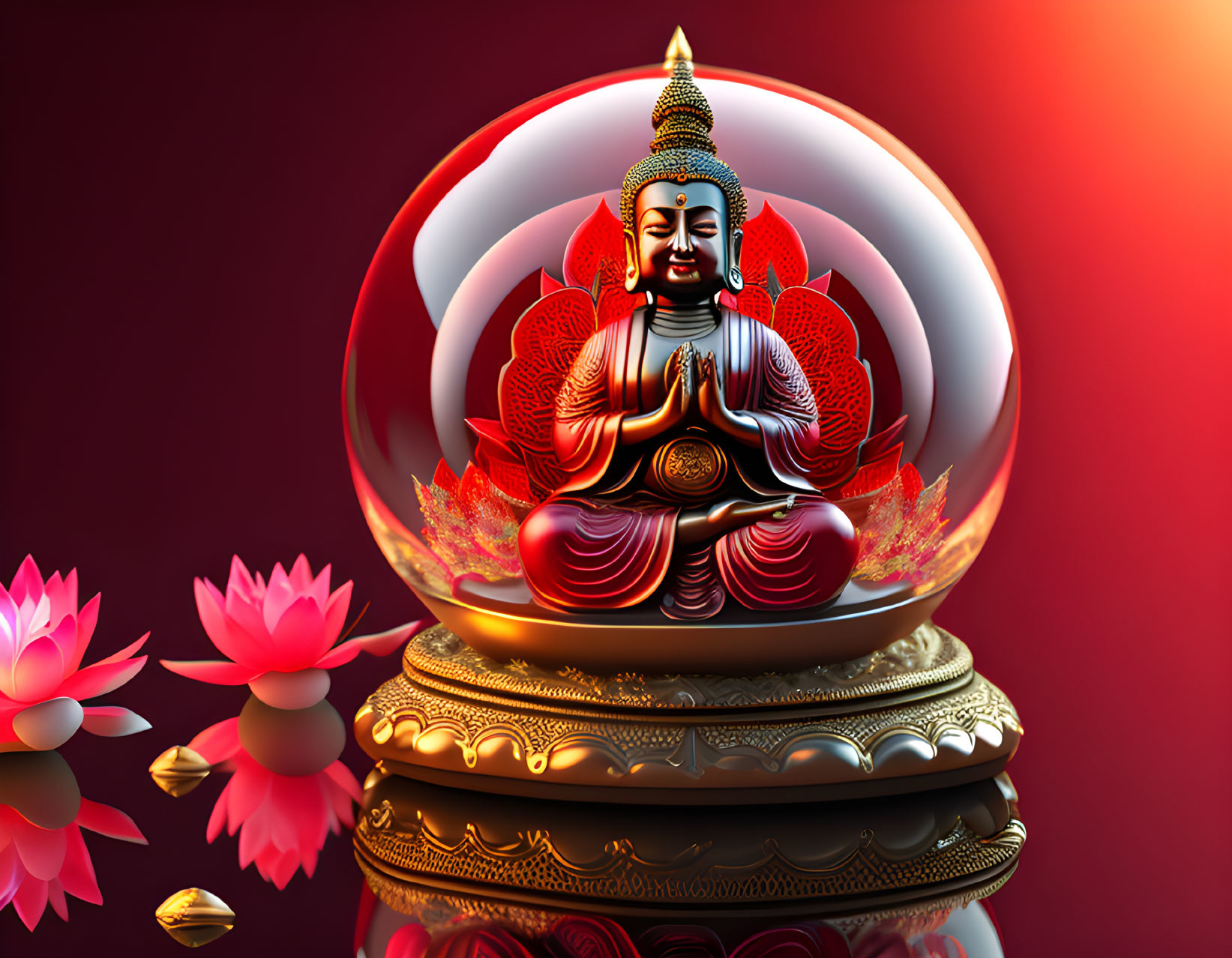 3D digital art: Buddha meditating in transparent sphere on red background