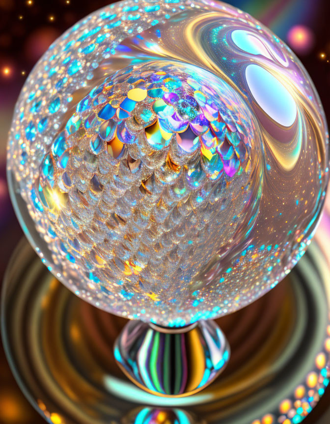 Colorful 3D fractal sphere on vibrant psychedelic background