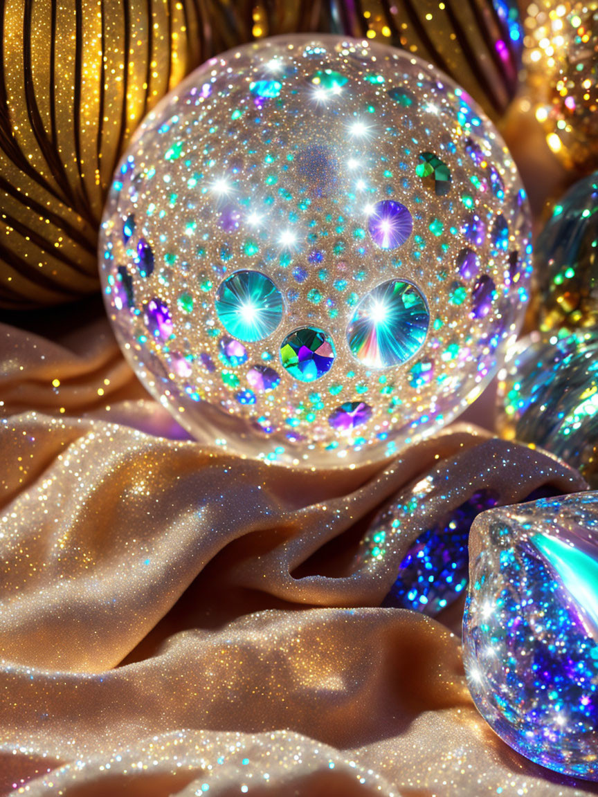 Colorful Crystal Ball Surrounded by Golden Baubles and Glittery Fabric