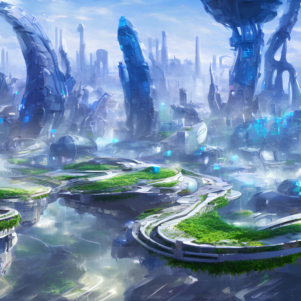 Futuristic cityscape with blue skyscrapers and green terraces in clouds