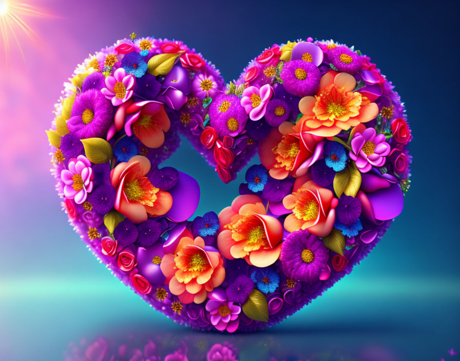 Colorful Heart-Shaped Flower Arrangement on Purple and Blue Background