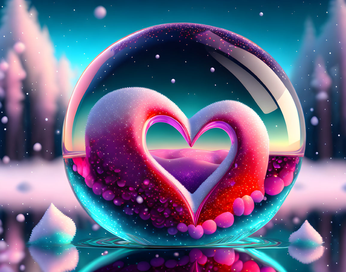 Heart-shaped object in translucent sphere on wintry neon-lit backdrop