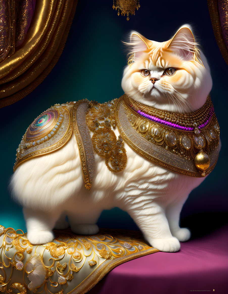 Fluffy cat in gold costume on dark background