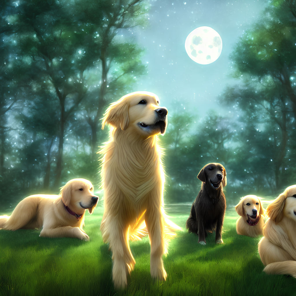 Four Dogs in Moonlit Forest Clearing with Golden Retriever Looking Up