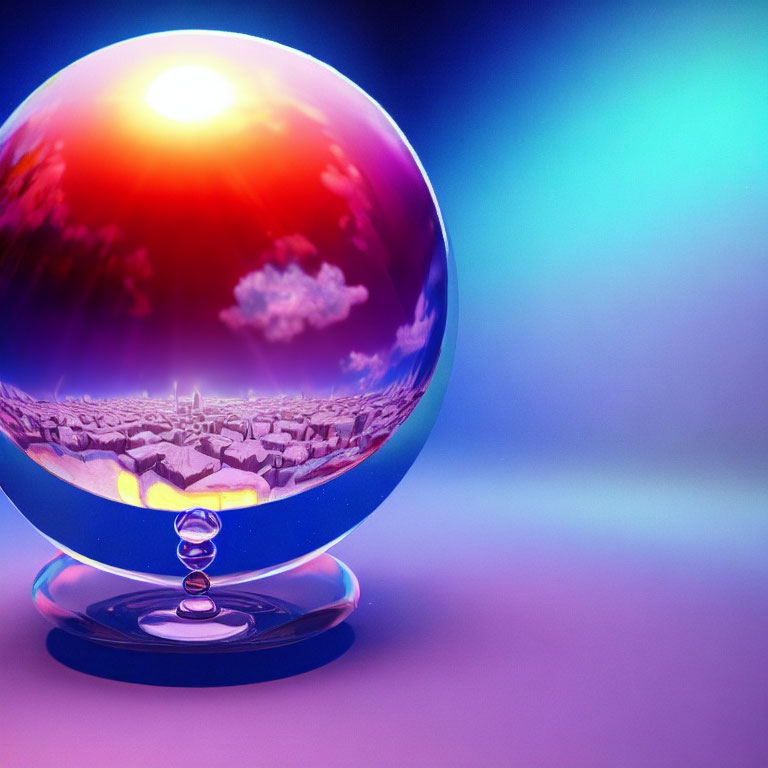 Colorful crystal ball with miniature sunset landscape on blue gradient.