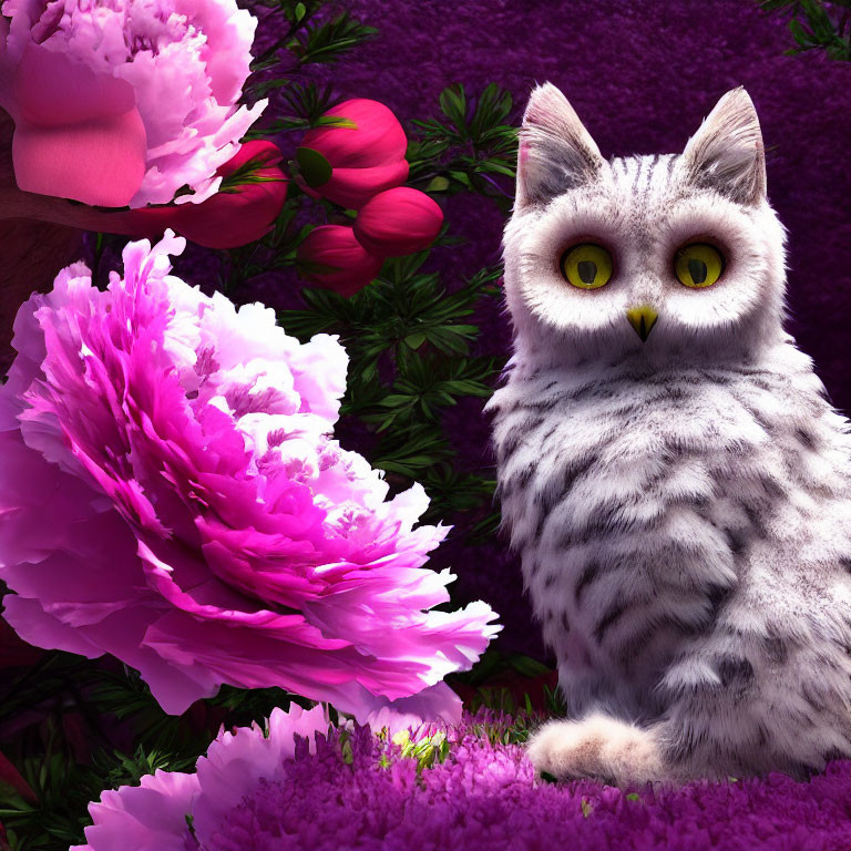 White Owl Among Pink and Purple Flowers on Green Background