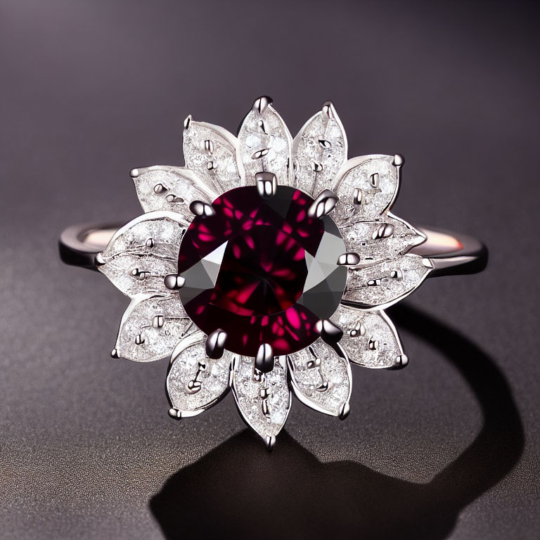 Lotus-shaped ring with ruby center and diamond petals on silver band