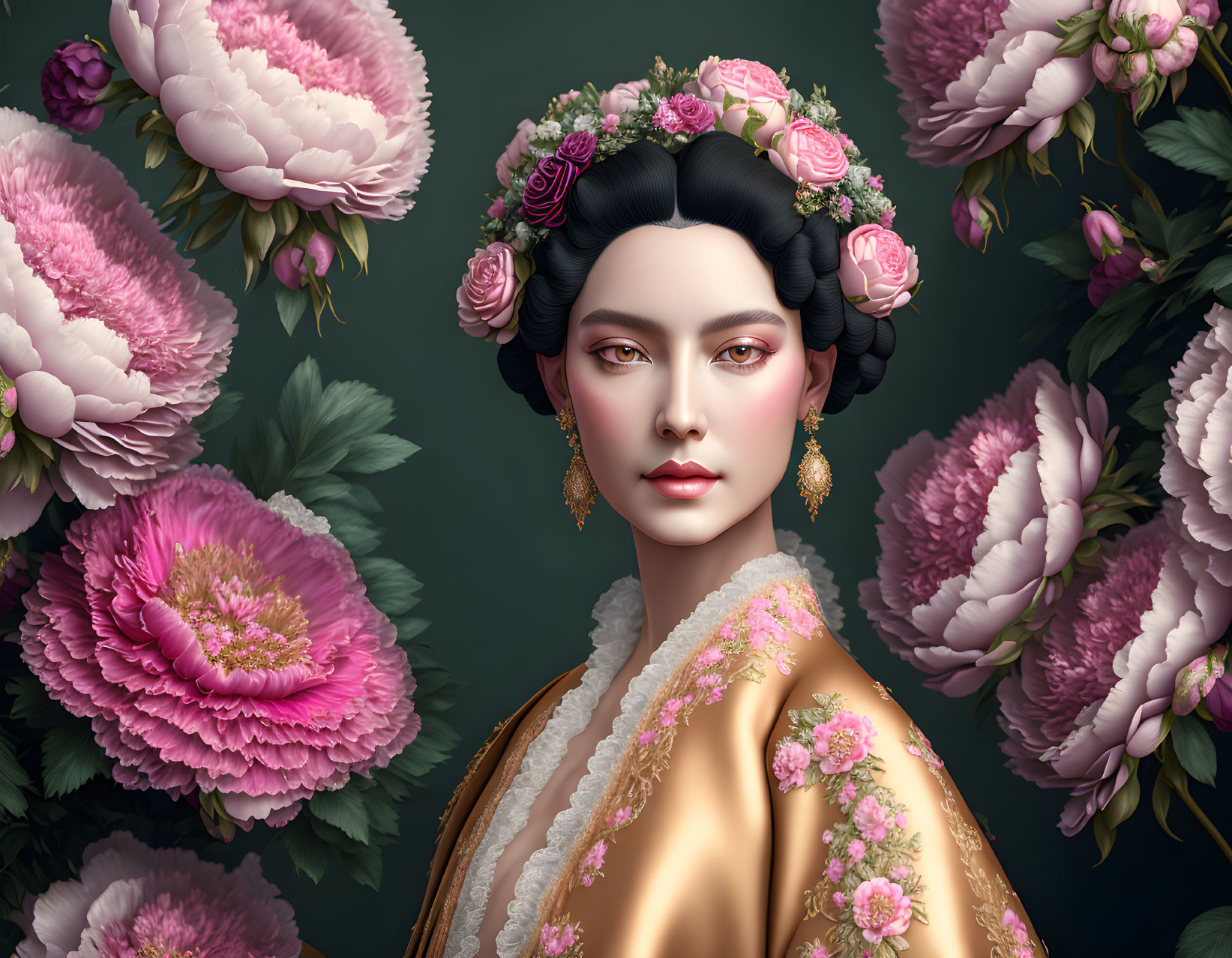 Woman with Floral Adornments Surrounded by Peonies