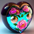 Reflective Heart-Shaped Object with Pink Flowers and Gold Accents