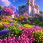 Fairytale castle in colorful gardens under sunny sky