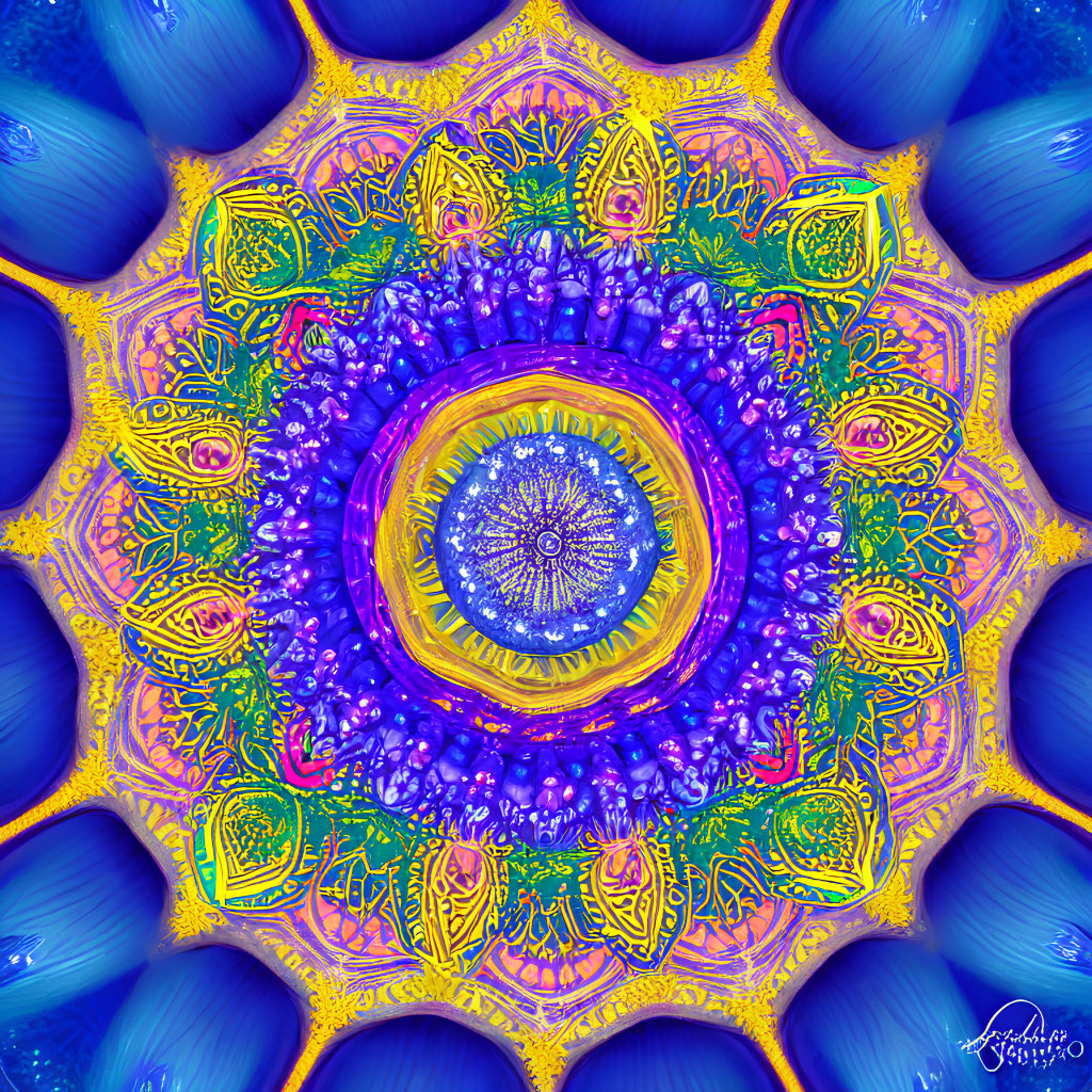 Colorful Mandala Art with Peacock Feathers in Blue and Purple