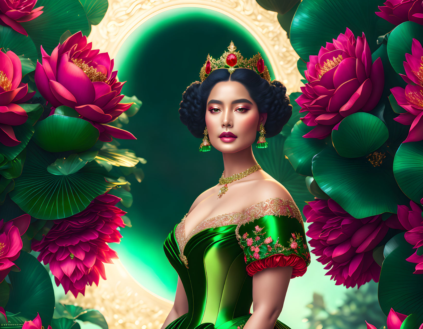 Regal woman with crown and lotus flowers in vibrant illustration